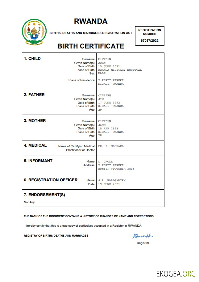 Modèle Word et PDF d'acte de naissance au Rwanda
